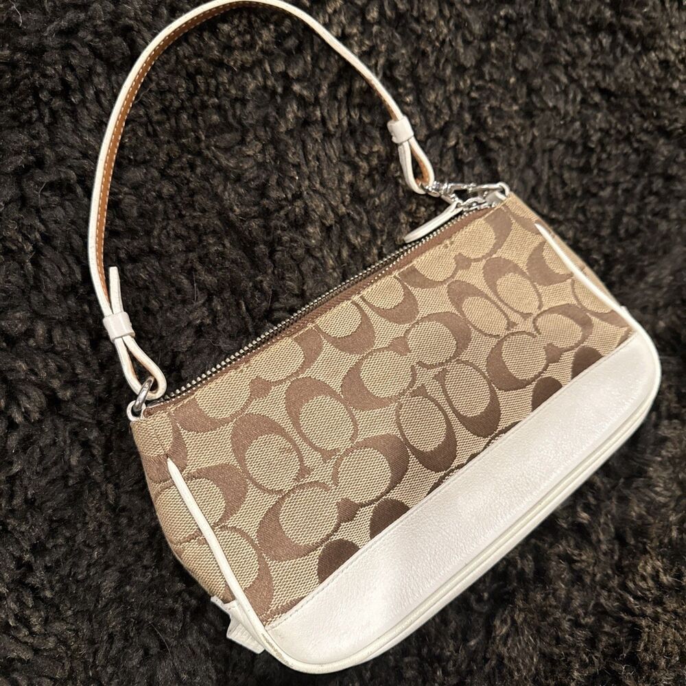Coach Signature Demi Mini Pouch Hand Bag Canvas Leather Beige & White 6094